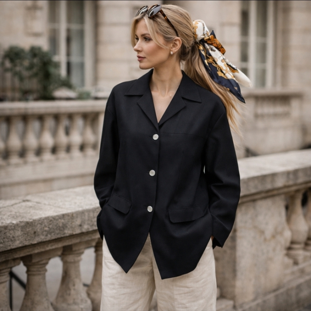 Bogari Silk/ Linen Black Blazer Quality Quiet Luxury Long Boxy Button Down Sz S